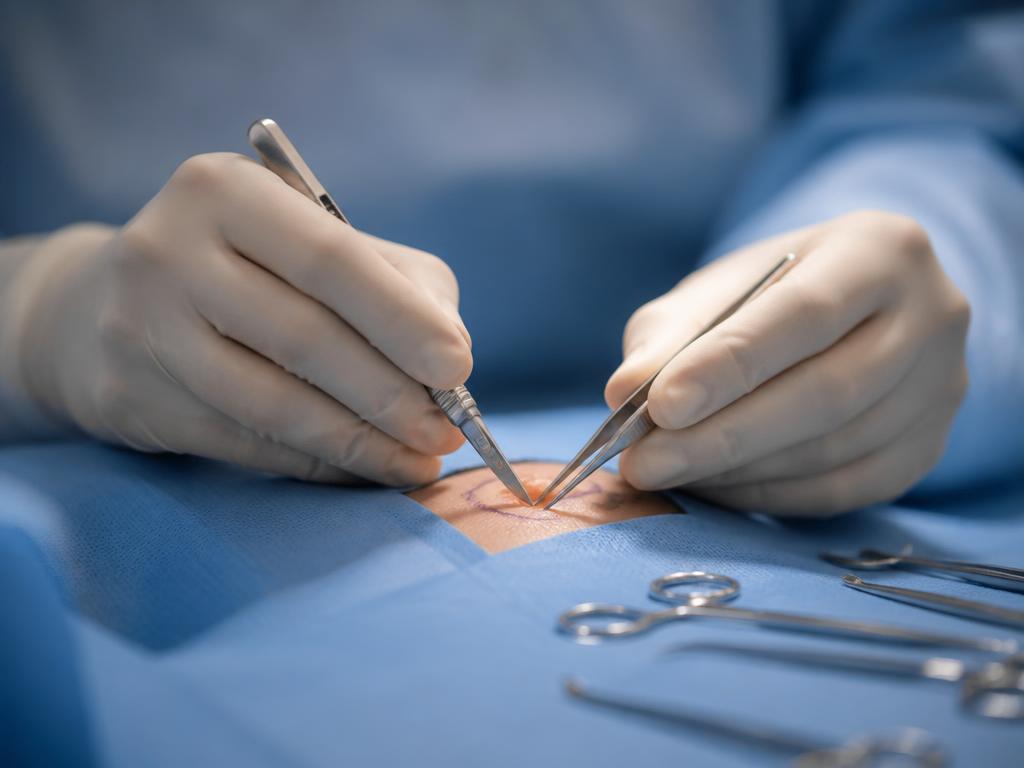 Dermatologische Exzision mit feinen Operationsinstrumenten